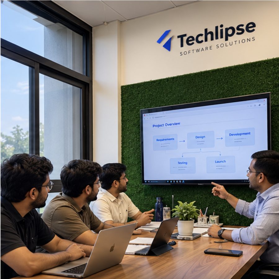 Techlipse team in a requirement workshop reviewing a project plan on screen